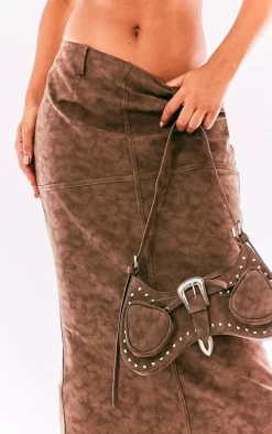 Premium Brown Washed Faux Leather Low Rise Maxi Skirt
