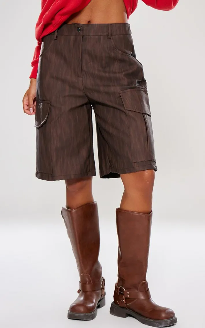 Premium Brown Washed Faux Leather Long Cargo Shorts