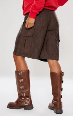 Premium Brown Washed Faux Leather Long Cargo Shorts