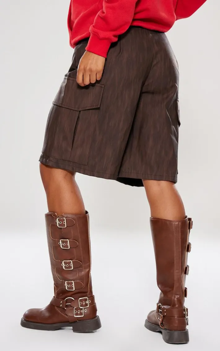 Premium Brown Washed Faux Leather Long Cargo Shorts