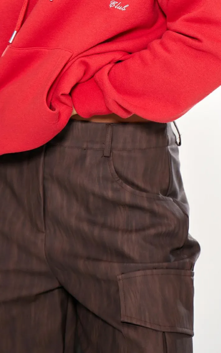 Premium Brown Washed Faux Leather Long Cargo Shorts