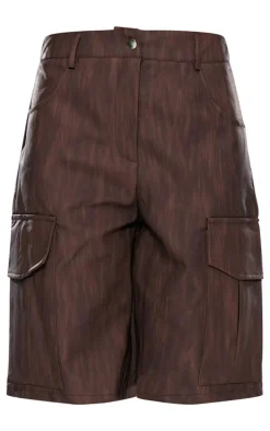 Premium Brown Washed Faux Leather Long Cargo Shorts