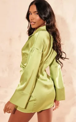 Premium Chartreuse Satin Bell Sleeve Shirt Dress