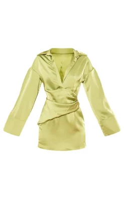 Premium Chartreuse Satin Bell Sleeve Shirt Dress