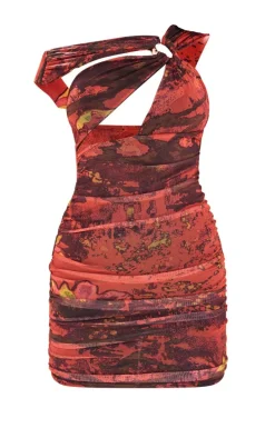 Premium Cherry Red Abstract Print Lined Mesh Ring Detail Bodycon Dress