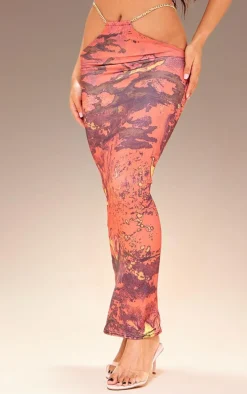 Premium Cherry Red Abstract Print Double Layer Slinky Chain Midaxi Skirt