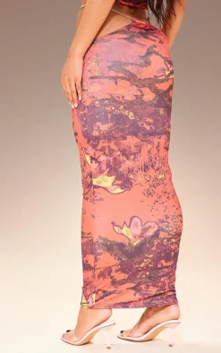 Premium Cherry Red Abstract Print Double Layer Slinky Chain Midaxi Skirt