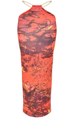 Premium Cherry Red Abstract Print Double Layer Slinky Chain Midaxi Skirt