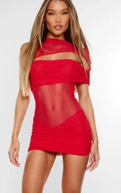 Premium Cherry Red Double Layer Mesh Twist Detail Bodycon Dress