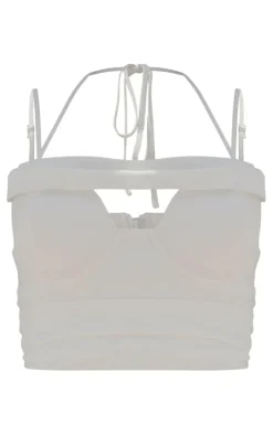 Premium Cream Textured Cup Detail Ruched Crop Top