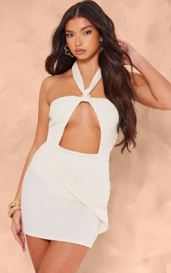 Premium Cream Textured Halterneck Cut Out Bodycon Dress