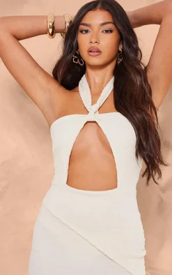 Premium Cream Textured Halterneck Cut Out Bodycon Dress