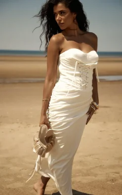 Premium Cream Textured Lace Up Bandeau Ruched Midaxi Dress