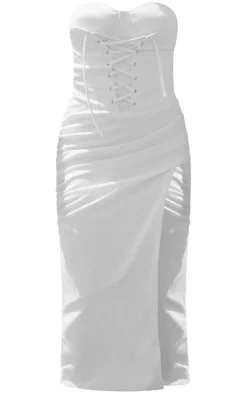 Premium Cream Textured Lace Up Bandeau Ruched Midaxi Dress