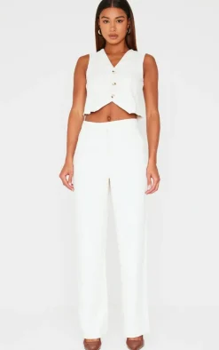 Premium Cream Textured Tailored Seam Straight Leg Pants