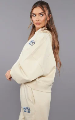 Premium Cream Tonal Print Panelled Boxy Hoodie