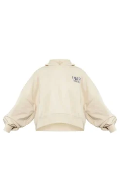Premium Cream Tonal Print Panelled Boxy Hoodie