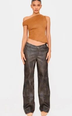 Premium Dark Brown Washed Faux Leather Dip Waist Flared Pants