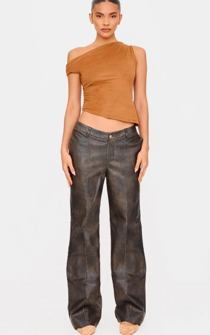Premium Dark Brown Washed Faux Leather Dip Waist Flared Pants