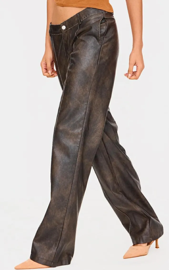 Premium Dark Brown Washed Faux Leather Dip Waist Flared Pants