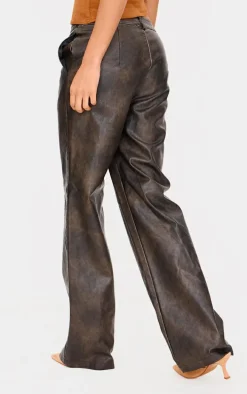 Premium Dark Brown Washed Faux Leather Dip Waist Flared Pants