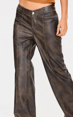 Premium Dark Brown Washed Faux Leather Dip Waist Flared Pants