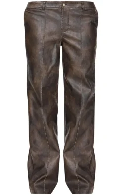 Premium Dark Brown Washed Faux Leather Dip Waist Flared Pants