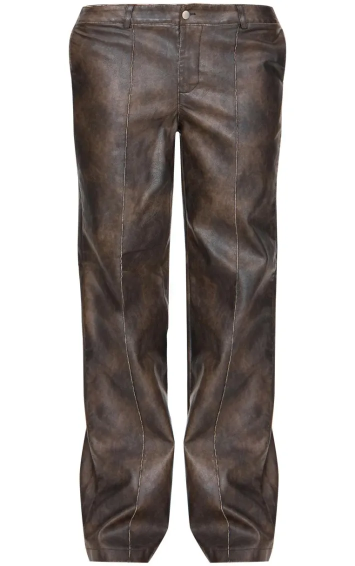 Premium Dark Brown Washed Faux Leather Dip Waist Flared Pants