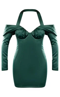 Premium Emerald Green Constructed Satin Draped Bardot Bodycon Dress