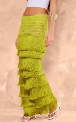 Premium Green Textured Tassel Trimmed Maxi Skirt