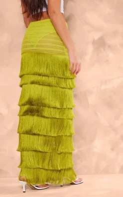 Premium Green Textured Tassel Trimmed Maxi Skirt
