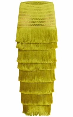 Premium Green Textured Tassel Trimmed Maxi Skirt
