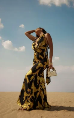 Premium Multi Burnout Chiffon Extreme Cowl Maxi Dress