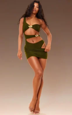 Premium Olive Double Layer Asymmetrical Trim Detail Bodysuit