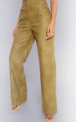Premium Olive Washed Faux Leather Straight Leg Pants