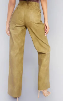 Premium Olive Washed Faux Leather Straight Leg Pants