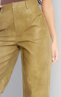 Premium Olive Washed Faux Leather Straight Leg Pants