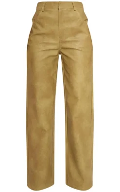Premium Olive Washed Faux Leather Straight Leg Pants