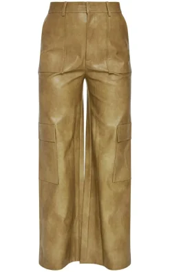 Premium Olive Washed Faux Leather Pocket Wide Leg Cargo Pants