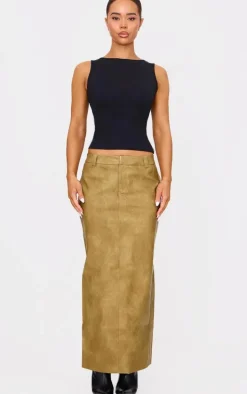 Premium Olive Washed Faux Leather Maxi Skirt