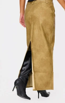 Premium Olive Washed Faux Leather Maxi Skirt
