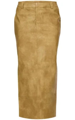 Premium Olive Washed Faux Leather Maxi Skirt