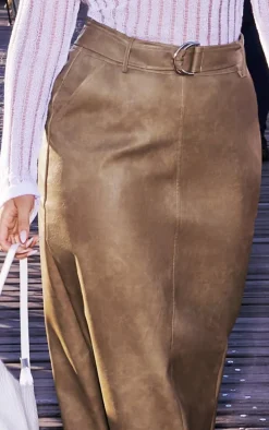 Premium Olive Washed Faux Leather Belted Maxi Skirt