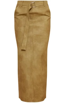 Premium Olive Washed Faux Leather Belted Maxi Skirt