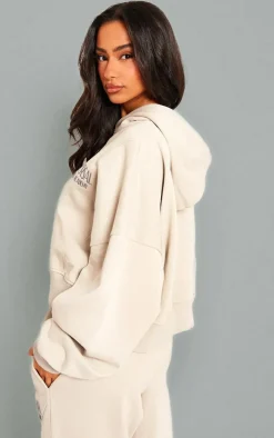 Premium Petite Grey Tonal Print Panelled Boxy Hoodie