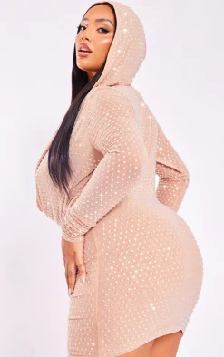 Premium Plus Nude Embellished Mesh Sheer Hooded Cowl Bodycon Dress