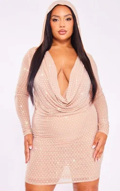 Premium Plus Nude Embellished Mesh Sheer Hooded Cowl Bodycon Dress