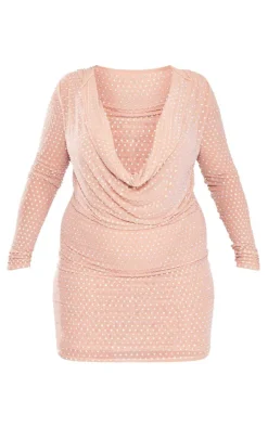 Premium Plus Nude Embellished Mesh Sheer Hooded Cowl Bodycon Dress