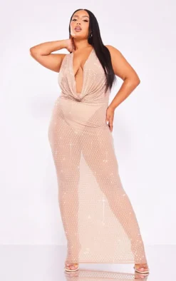 Premium Plus Nude Embellished Mesh Maxi Dress
