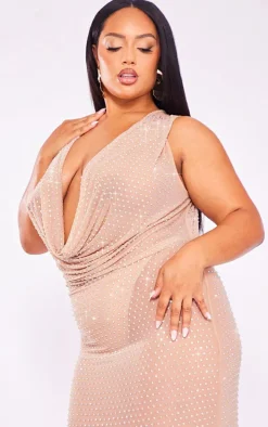 Premium Plus Nude Embellished Mesh Maxi Dress